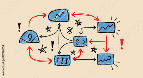 hand-drawn workflow diagram with blue and red arrows and exclamation marks, for presentation or infographic, vector illustration
