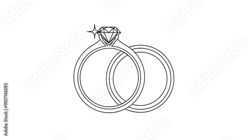 Two interlaced rings with a prominent sparkling diamond on one symbolize a wedding, engagement, or commitment between a couple.