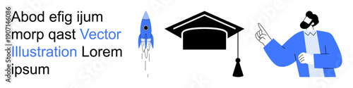 Education, learning, success, innovation, academic growth, inspiration. A graduation cap, a rocket and a professional pointing achievement and innovation. Education and learning