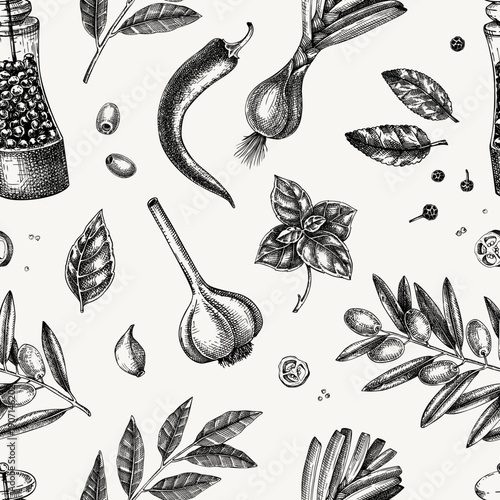 Hand drawn culinary herbs, spices and kitchen ingredients background. Natural food seamless pattern for packaging, branding, labels, menus. NOT AI generated