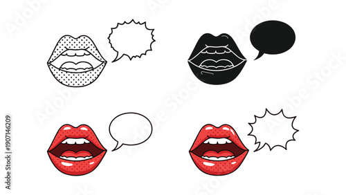 Glamorous Red Lips with Speech Bubbles: Pop Art Style and Variations