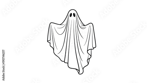 Classic white sheet ghost figure with dark eye holes floats in a simple line drawing representing halloween or supernatural themes.