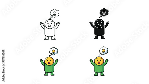 Person Thinking with Lightbulb: Outline, Silhouette, and Green Character