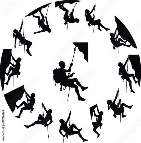 Black Silhouettes Set of Rock Climbers in Various Poses Including Rappelling Bouldering and Mountaineering Activities for Outdoor Adventure Sports Design Graphics