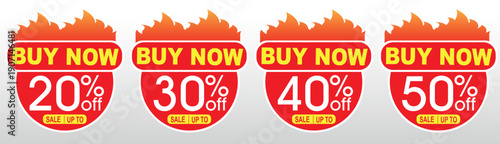 Hot fire style "Buy Now" sale tag design element set with red circular badges and various percentage discounts for retail marketing promotions