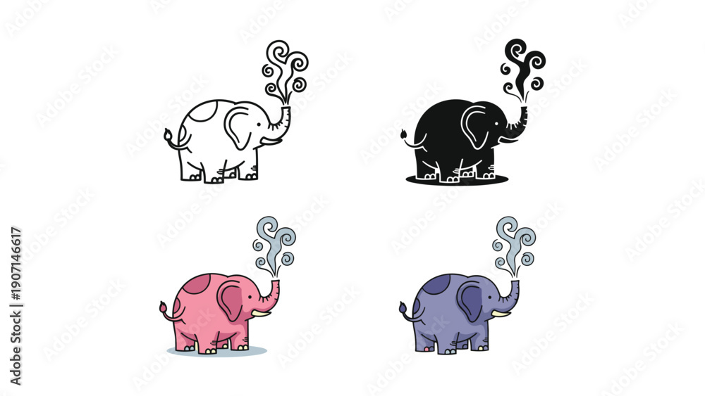 Fototapeta premium Elephant blowing smoke from trunk in four styles: outline, silhouette, pink, and purple