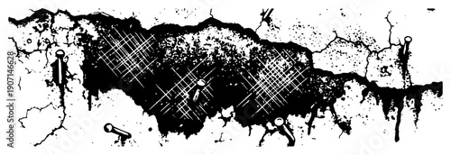 Abstract industrial grunge border with ink drips and metallic elements in vintage style