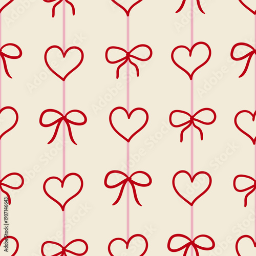 Elegant and minimalist seamless pattern with hearts and bows. Hand drawn line vector background