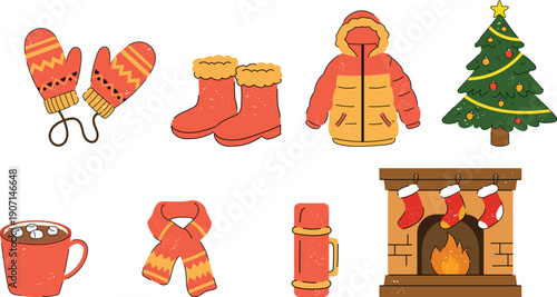 Winter Essentials Collection Featuring Cozy Clothing, Warm Beverages, and Festive Decorations for the Holiday Season