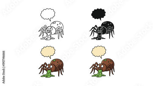 Vomiting Spider with Speech Bubble: Outline, Silhouette, and Cartoon Versions