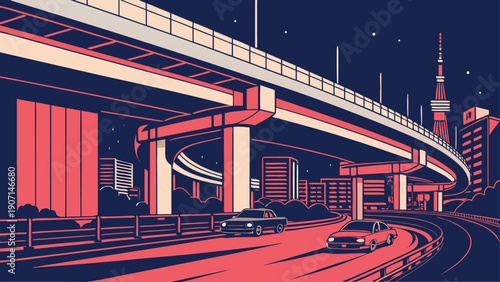 Dynamic city scene at night with a bustling highway and towering skyscrapers, conveying energy and urban activity