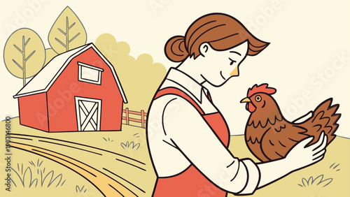 Woman tenderly holding brown chicken on rustic farm with red barn