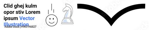 Strategic thinking, creativity, design, education, visual aid, business. Chess knight, smiling face with text bold curved arrow. Strategic thinking and creativity concepts