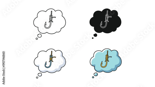 Fishing hook in a thought bubble icon set in multiple artistic styles