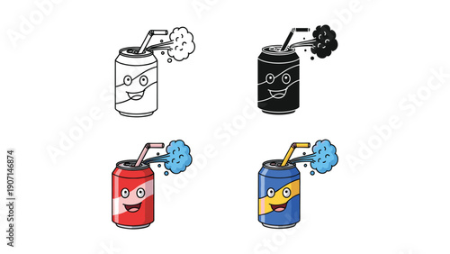 Happy soda can with straw icon set, showing fizzing and speech bubbles