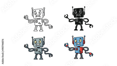Robot with a confused expression in four styles: outline, silhouette, gray, and blue