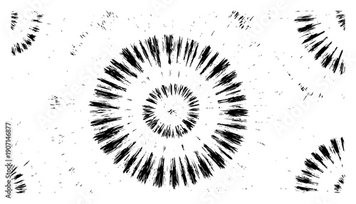 Abstract black and white radial sunburst sketch with rough texture