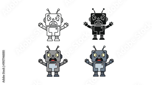 Surprised robot with arms up in four styles: outline, silhouette, gray, and blue