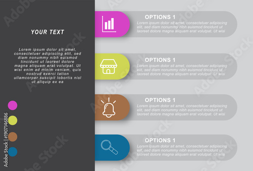 modern horizontal infographic template with colorful rounded options and icons. clean flat vector design for business presentation, workflow, process steps, marketing strategy