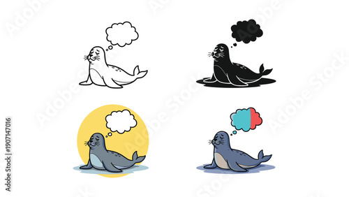 Seal resting on belly with thought bubble in four styles: outline, silhouette, and two colored