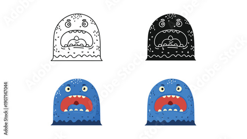 Large, blue cartoon monster with mouth open wide, shown in four styles: outline, silhouette, and two colorful versions.