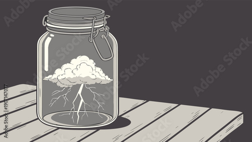 Dramatic stormy weather trapped inside a glass jar on a wooden table, creating a surreal atmosphere