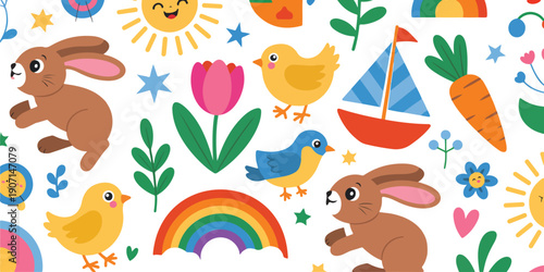 Cute Spring Icons Vector Set  Bunny, Birds, Flowers & Rainbow