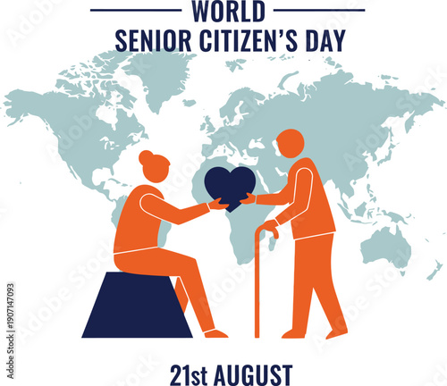 World Senior Citizens Day poster with two elderly people and heart on white background