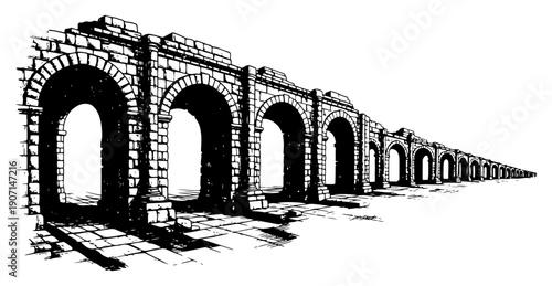 Perspective view of a long row of ancient stone arches in a hand drawn vintage architectural style