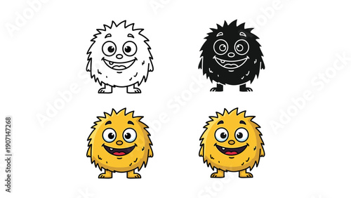 Fluffy, cute monster with big eyes and a wide smile, in four styles: line art, silhouette, and two friendly colored illustrations.