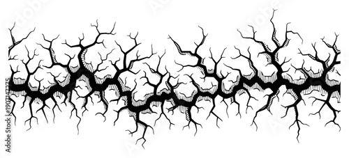 Horizontal hand drawn ink crack with many small branches on white background