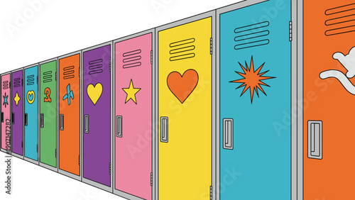 Long perspective row of colorful school lockers decorated with various symbols and shapes creates a vibrant hallway scene.