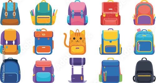 Colorful School Backpack Vector Set  Cute Cartoon Bags for Kids