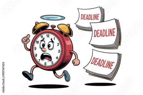 An anthropomorphic clock character sprints in panic overwhelmed by falling papers labeled deadline illustrating time pressure high-quality professional detailed modern.