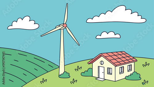 A serene eco friendly home with a wind turbine on a green hill, symbolizing sustainable living and clean energy.