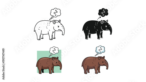 Brown tapir with a thought bubble in four styles: outline, silhouette, and two colored versions