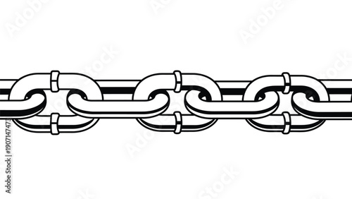 Horizontal section of heavy metal chain links shown in a detailed line drawing representing strength, security, or connection.