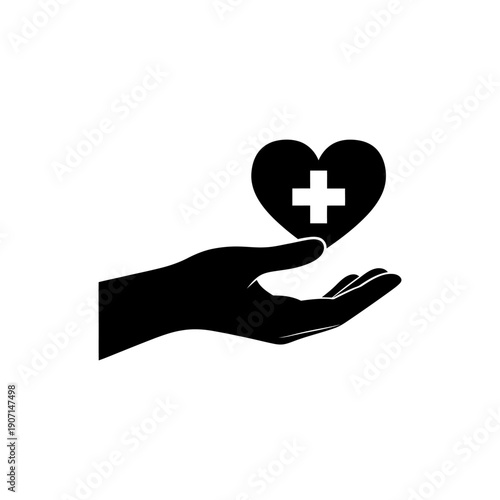 flat vector silhouette of helping hand offering heart with medical cross, World Red Cross Day concept