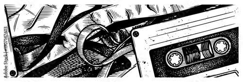 Retro hand drawn illustration of an old audio cassette tape with tangled magnetic tape