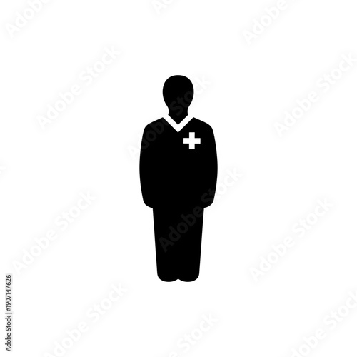 flat black silhouette icon of healthcare worker standing with medical cross badge, World Red Cross Day concept