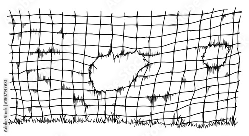 Hand drawn football goal net with holes and grass sketch illustration