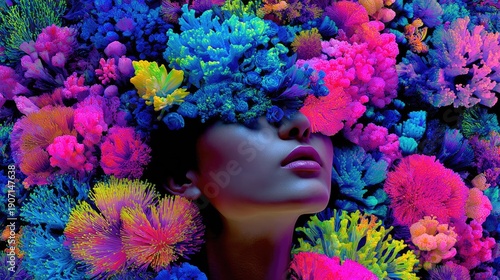 Vibrant Portrait of Woman with Neon Floral Headpiece Reflecting Modern Artistic Expression