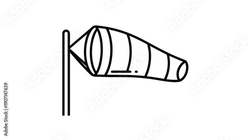 Simple line drawing of a windsock on a pole indicates wind direction and speed for aviation or industrial safety purposes.