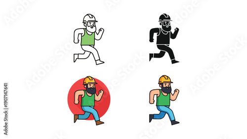 Construction worker running vigorously, presented in four distinct styles: outline, silhouette, flat color, and detailed illustration.