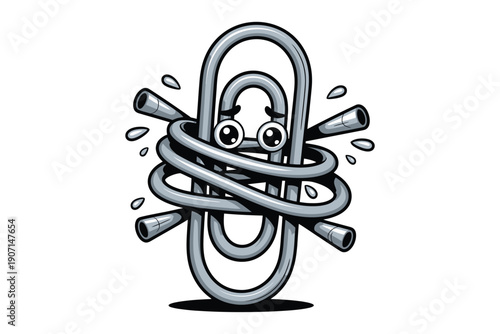 A whimsical illustration depicts a silver paperclip character with a playful expression entangled in its own metallic form high-quality professional.