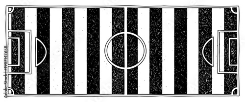 Top view of soccer field with striped grass pattern in hand drawn vintage style