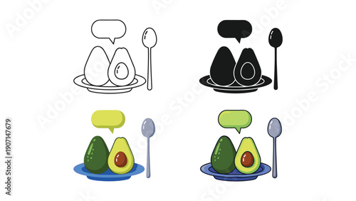 Avocado dish icon set, healthy food and vegetarian meal vector graphic, serving.