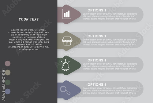 modern horizontal infographic template with colorful rounded options and icons. clean flat vector design for business presentation, workflow, process steps, marketing strategy