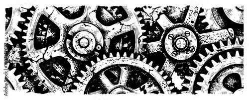 Detailed vintage industrial gears and mechanical cogs in engraving style