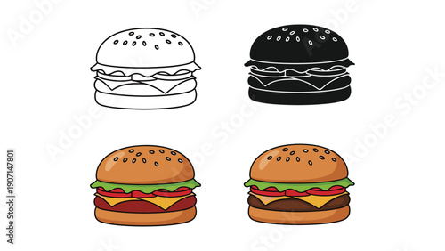 Hamburger icon set, fast food and tasty meal vector graphic, classic burger.